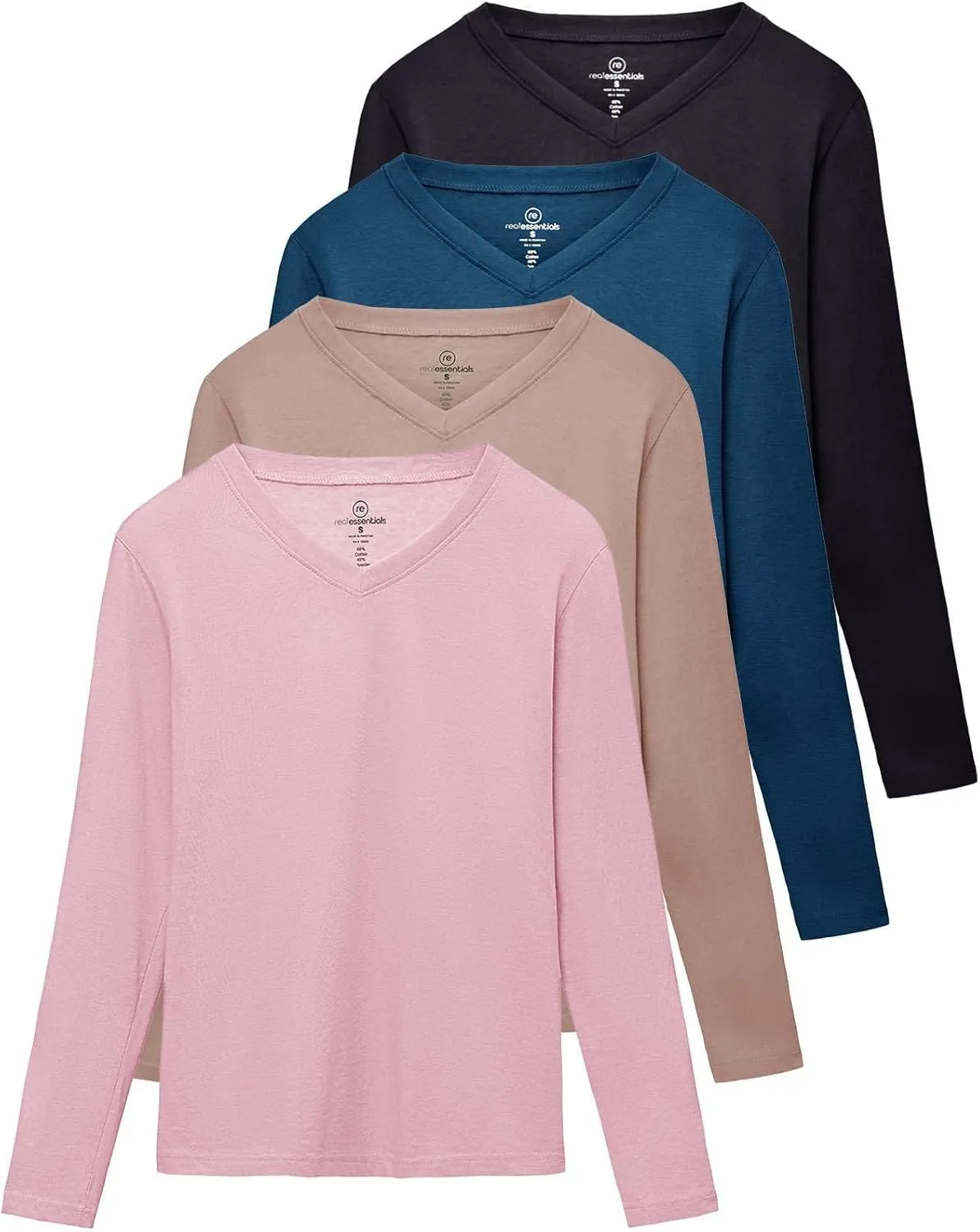 Real Essentials 4 Pack: Women's V-Neck Cotton Long-Sleeve T-Shirt (Available in Plus Size)