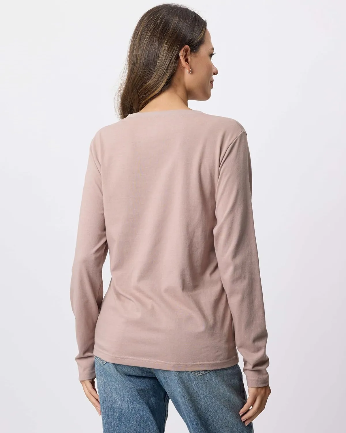 Real Essentials 4 Pack: Women's V-Neck Cotton Long-Sleeve T-Shirt (Available in Plus Size)