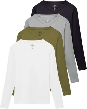 Real Essentials 4 Pack: Women's V-Neck Cotton Long-Sleeve T-Shirt (Available in Plus Size)