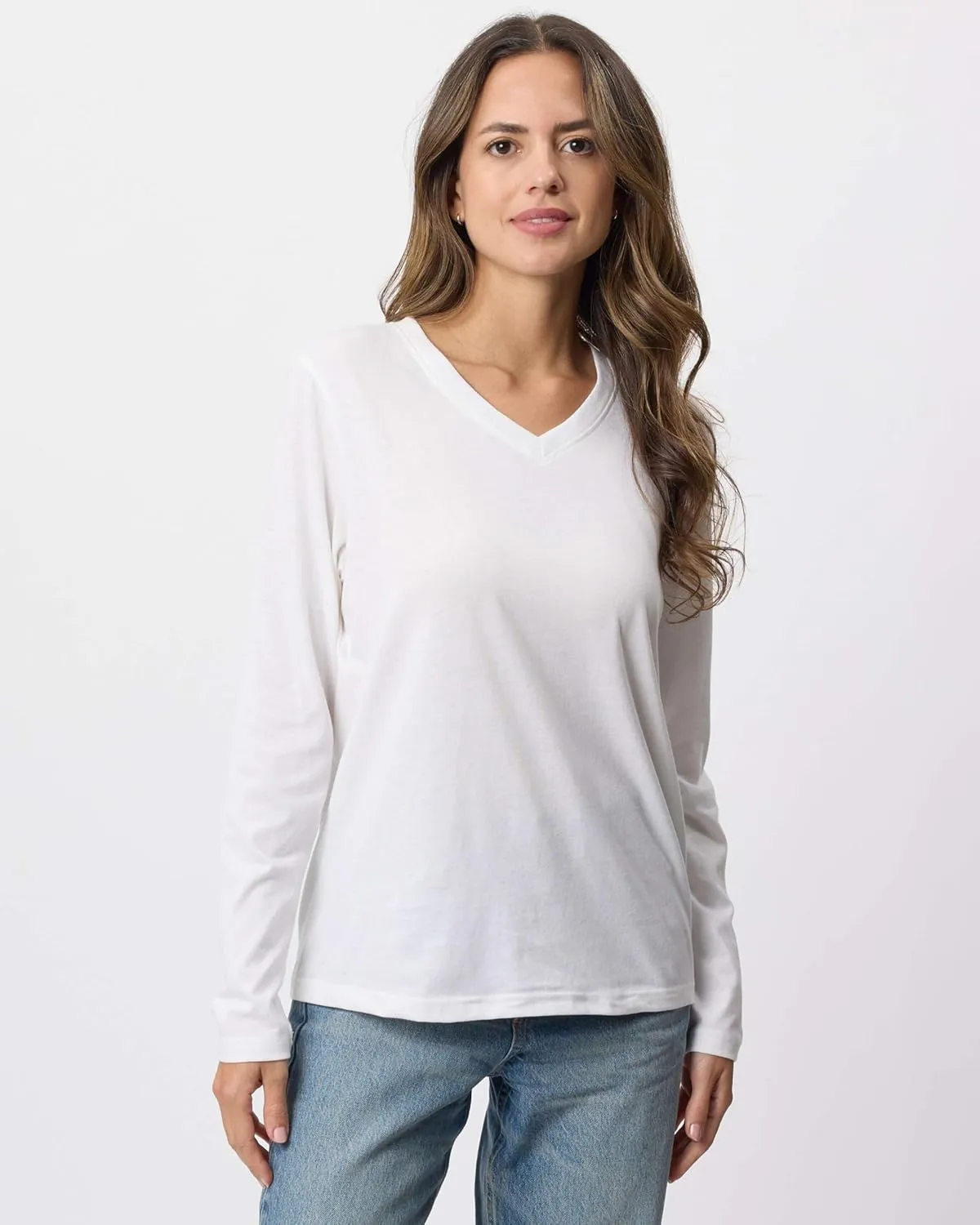 Real Essentials 4 Pack: Women's V-Neck Cotton Long-Sleeve T-Shirt (Available in Plus Size)