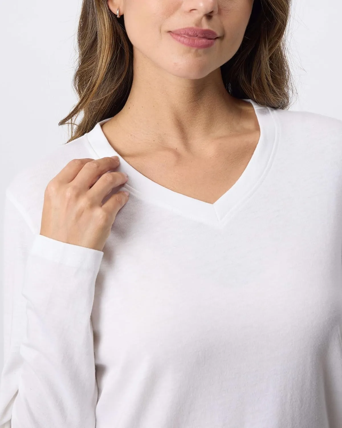 Real Essentials 4 Pack: Women's V-Neck Cotton Long-Sleeve T-Shirt (Available in Plus Size)