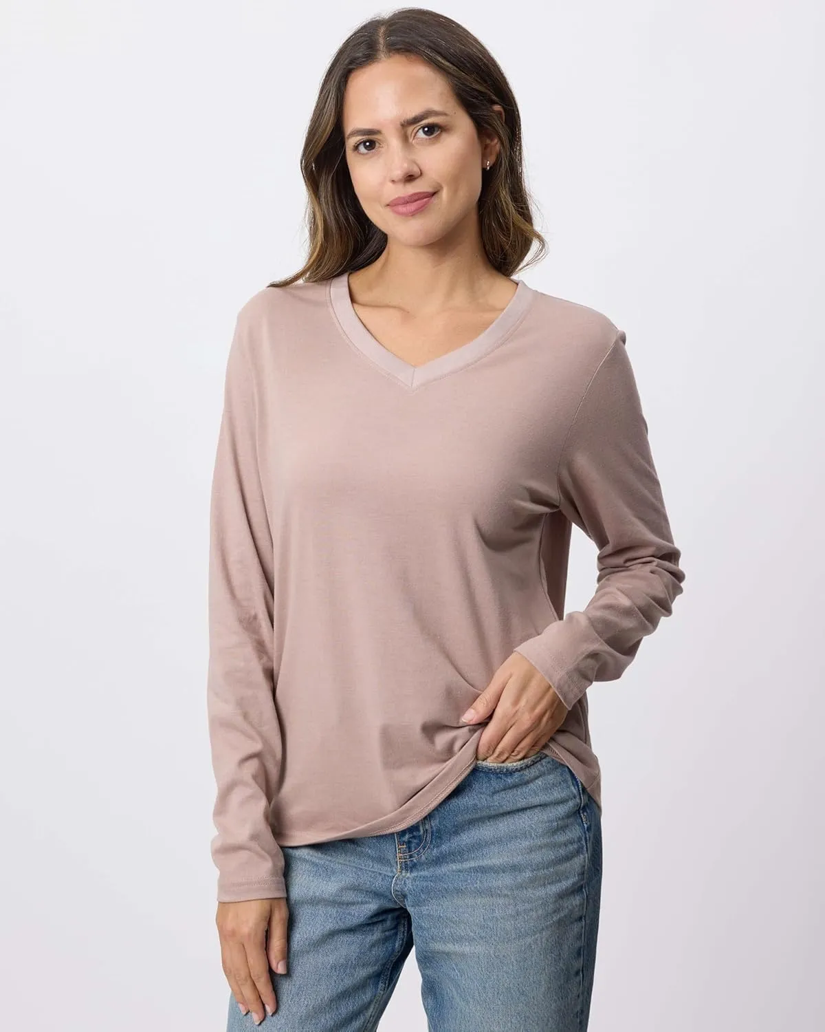 Real Essentials 4 Pack: Women's V-Neck Cotton Long-Sleeve T-Shirt (Available in Plus Size)