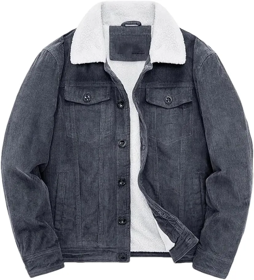 REHJJDFD Male Cotton Jackets Padded Warm Loose Parka Coat Corduroy Short Jacket Man Solid Zip Men's Casual Coat