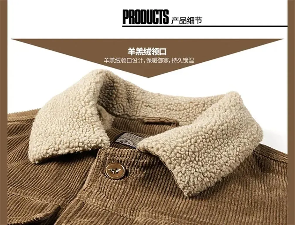 REHJJDFD Male Cotton Jackets Padded Warm Loose Parka Coat Corduroy Short Jacket Man Solid Zip Men's Casual Coat
