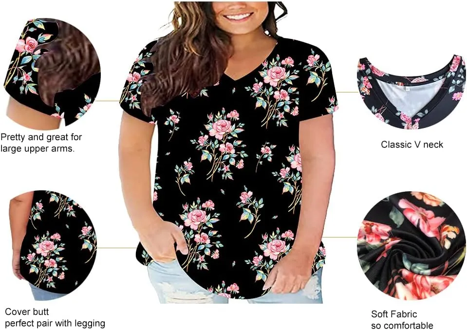 RITERA Women Plus Size Tops Tie Dye V Neck Shirt Floral Camo Summer Short Sleeve Tunic Oversized Ladies Blouse XL-5XL