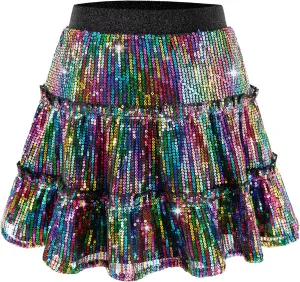 Rolanko Girls Sequin Skirt A-line Tiered Pleated Sparkly Skirt Elastic Waist Metallic Skirt for Party 5-12 Years