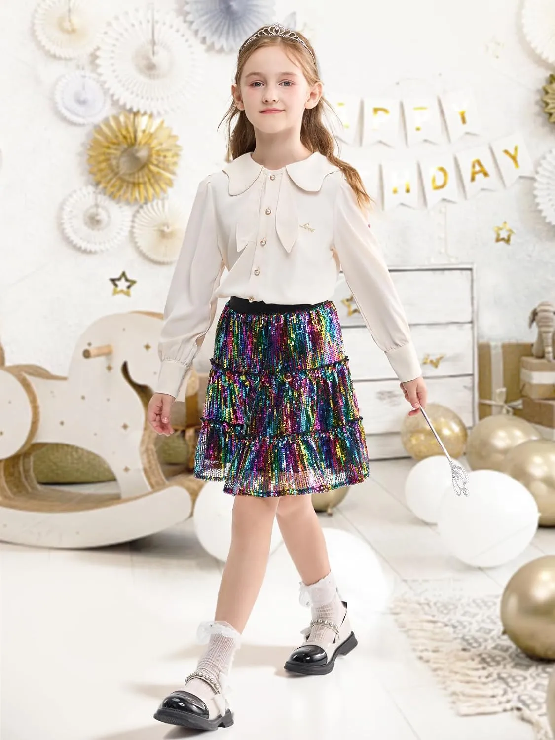 Rolanko Girls Sequin Skirt A-line Tiered Pleated Sparkly Skirt Elastic Waist Metallic Skirt for Party 5-12 Years