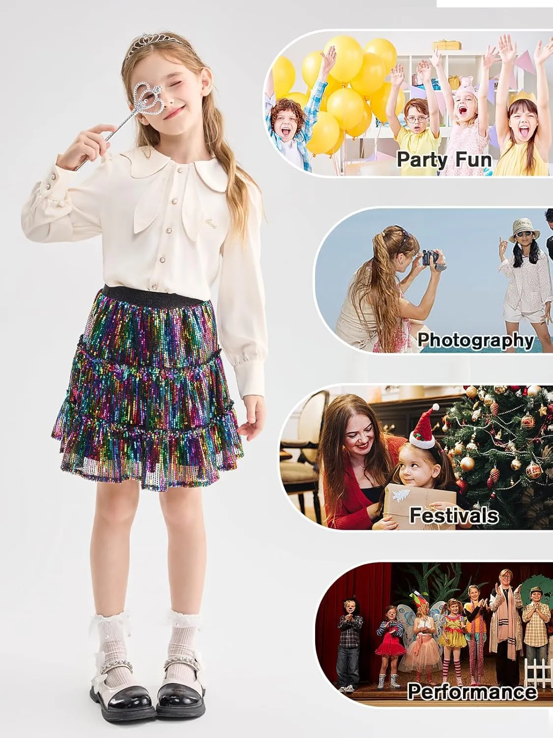 Rolanko Girls Sequin Skirt A-line Tiered Pleated Sparkly Skirt Elastic Waist Metallic Skirt for Party 5-12 Years