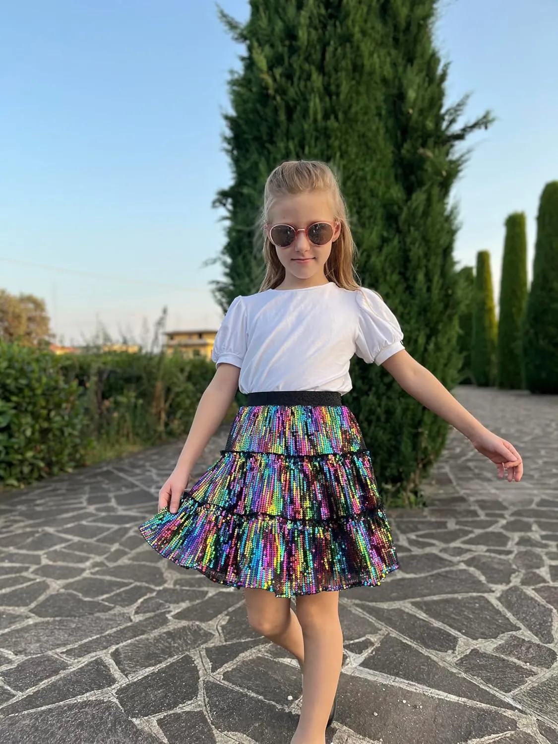 Rolanko Girls Sequin Skirt A-line Tiered Pleated Sparkly Skirt Elastic Waist Metallic Skirt for Party 5-12 Years