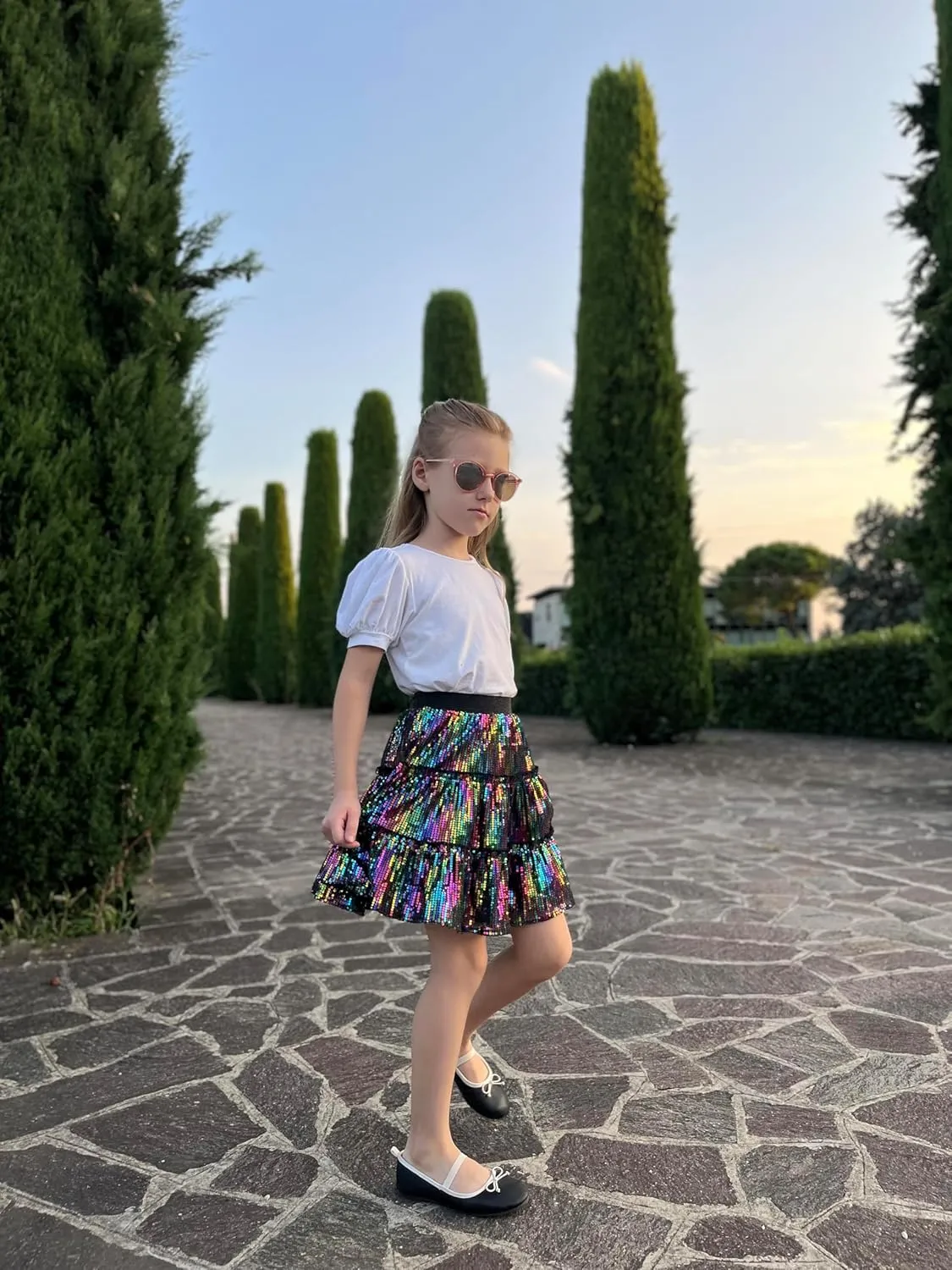 Rolanko Girls Sequin Skirt A-line Tiered Pleated Sparkly Skirt Elastic Waist Metallic Skirt for Party 5-12 Years