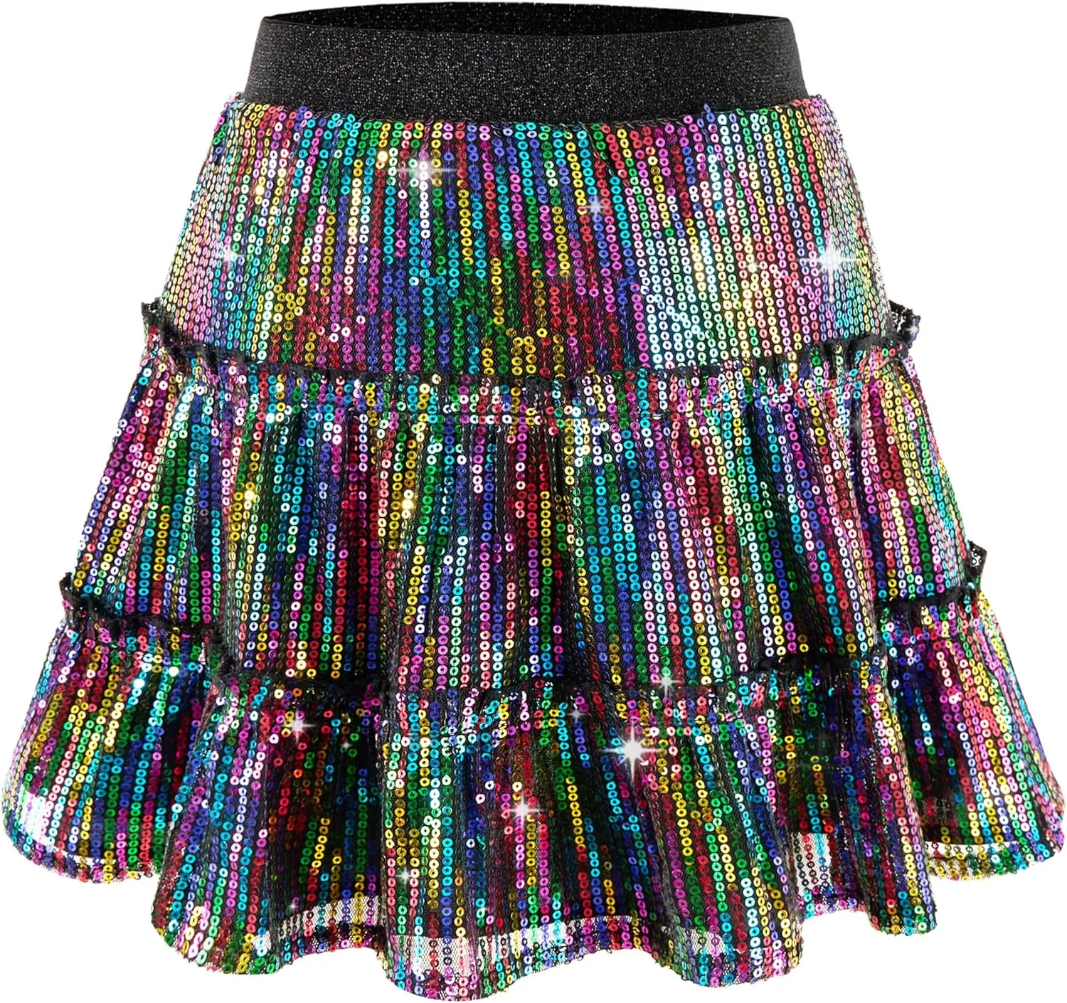 Rolanko Girls Sequin Skirt A-line Tiered Pleated Sparkly Skirt Elastic Waist Metallic Skirt for Party 5-12 Years