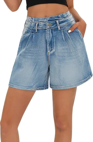 roswear Womens High Waisted Stretchy Wide Leg Denim Baggy Jean Shorts