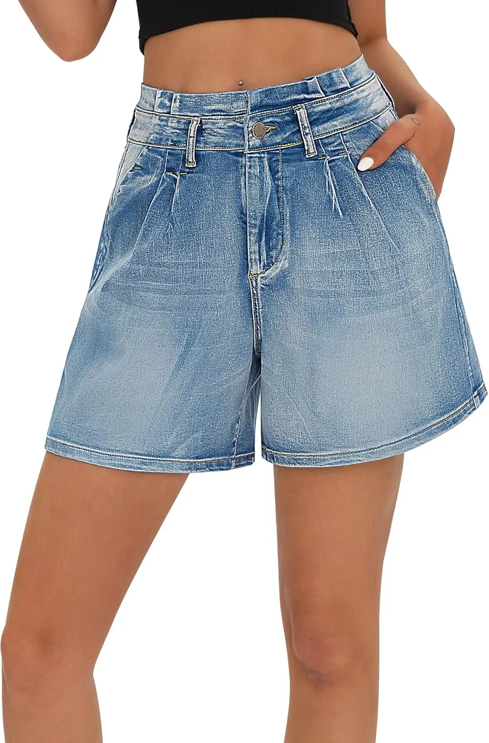 roswear Womens High Waisted Stretchy Wide Leg Denim Baggy Jean Shorts