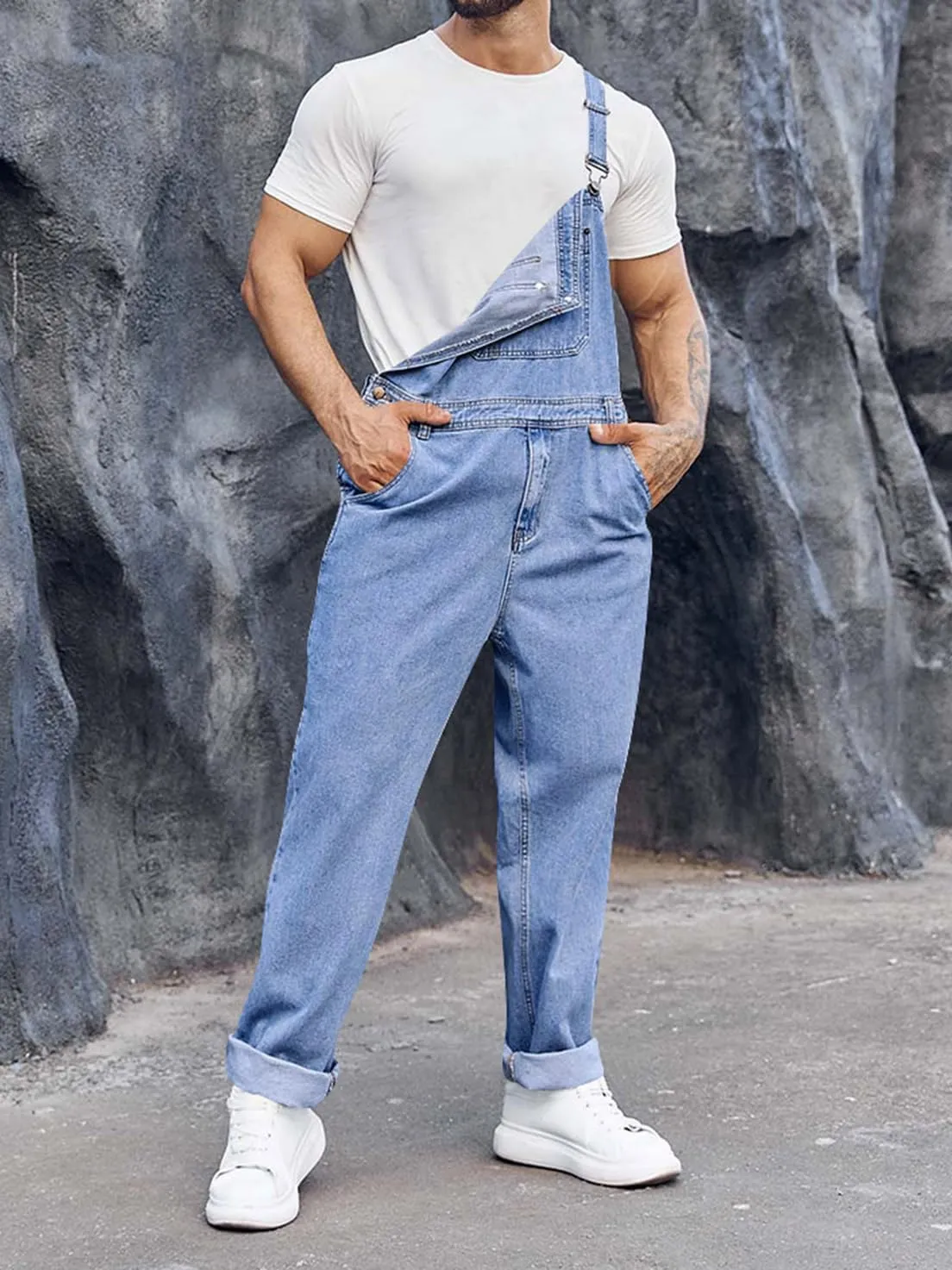 Runcati Men's Denim Bib Overall Jean Romper Trousers Adjustable Strap Workwear Slim Fit Jumpsuit