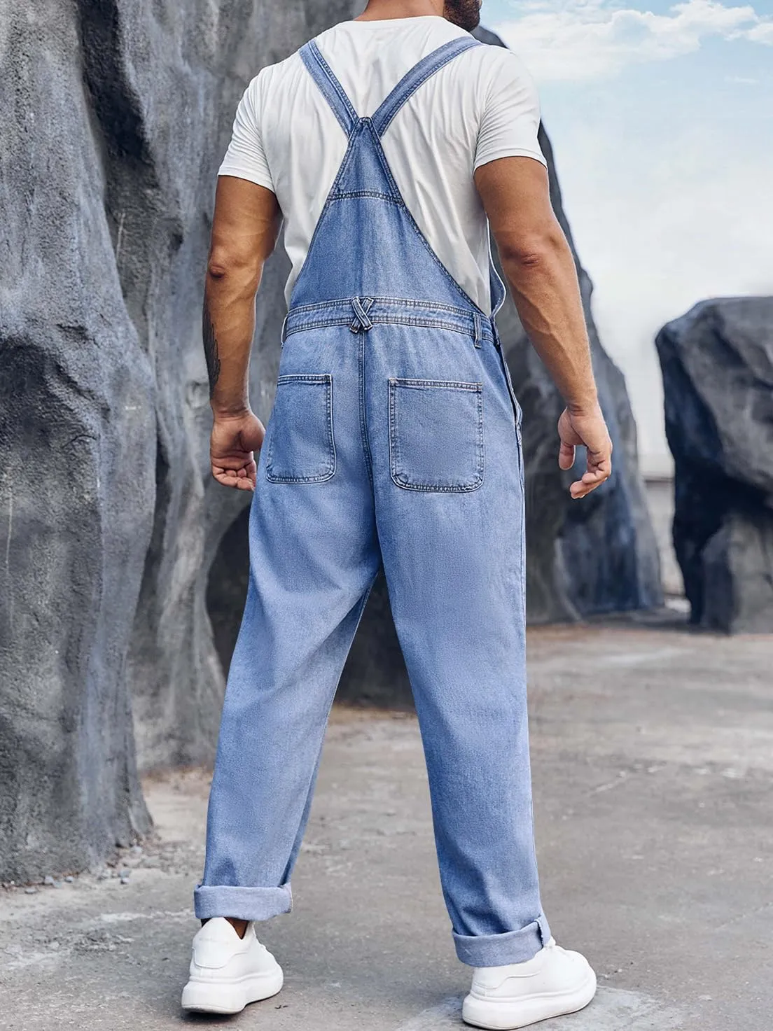 Runcati Men's Denim Bib Overall Jean Romper Trousers Adjustable Strap Workwear Slim Fit Jumpsuit