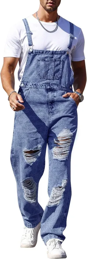 Runcati Men's Denim Bib Overall Ripped Distressed Jean Casual Fashion Workwear Adjustable Strap Hip Hop Jumpsuit