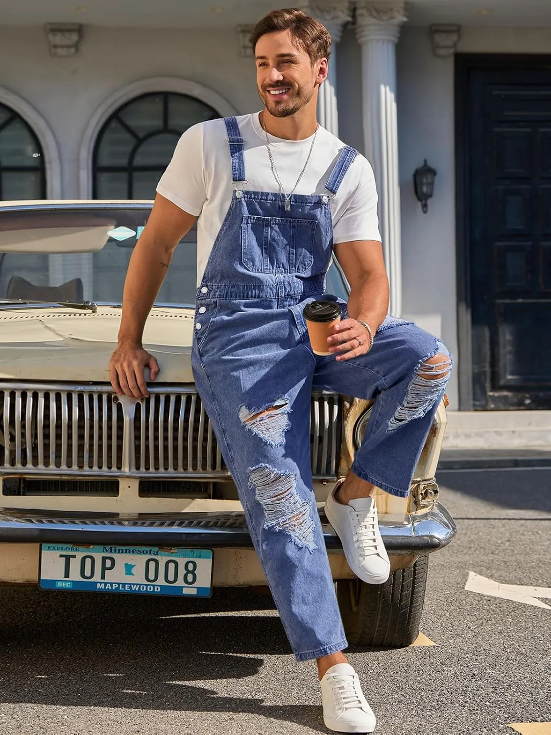 Runcati Men's Denim Bib Overall Ripped Distressed Jean Casual Fashion Workwear Adjustable Strap Hip Hop Jumpsuit