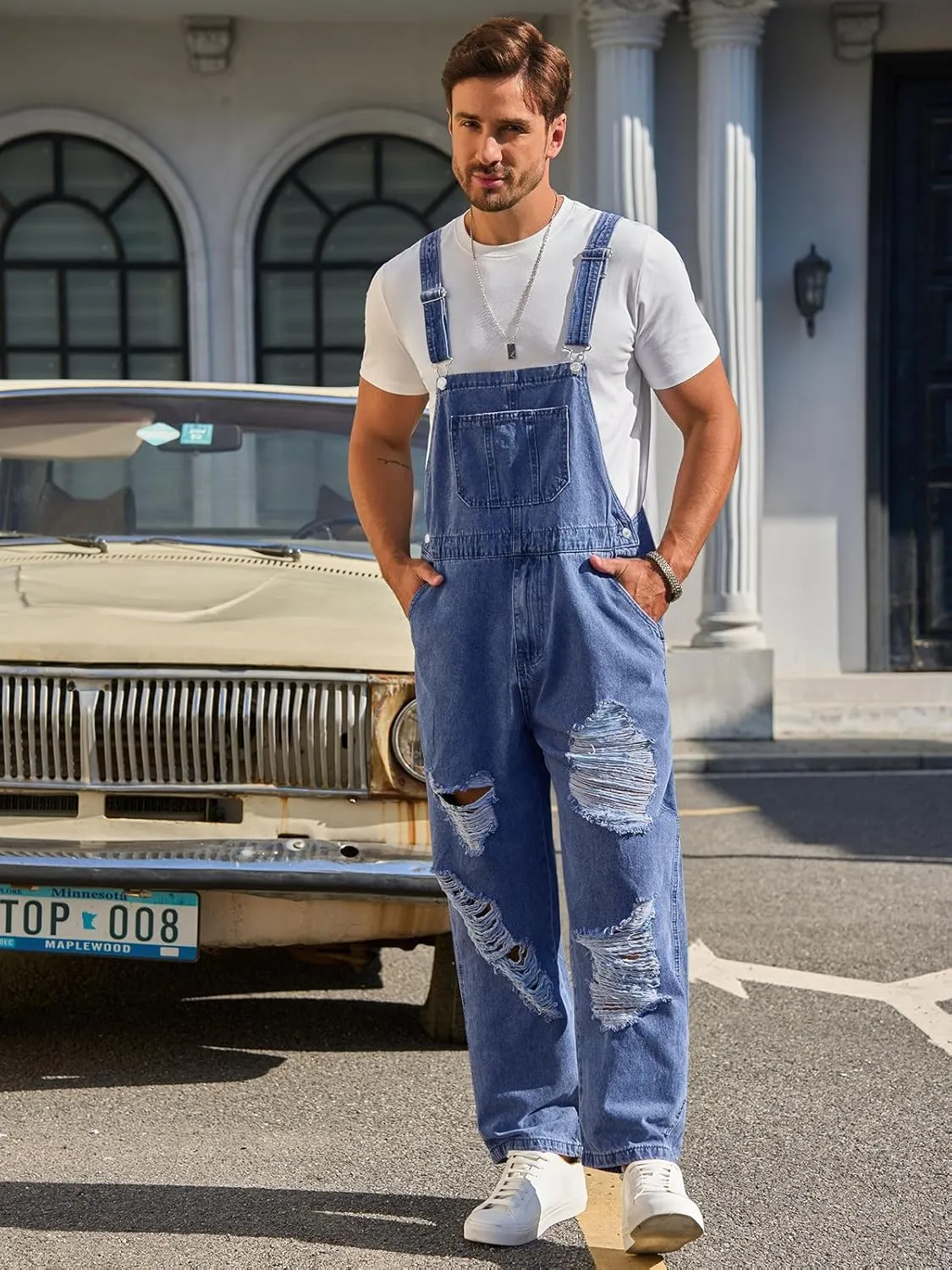 Runcati Men's Denim Bib Overall Ripped Distressed Jean Casual Fashion Workwear Adjustable Strap Hip Hop Jumpsuit
