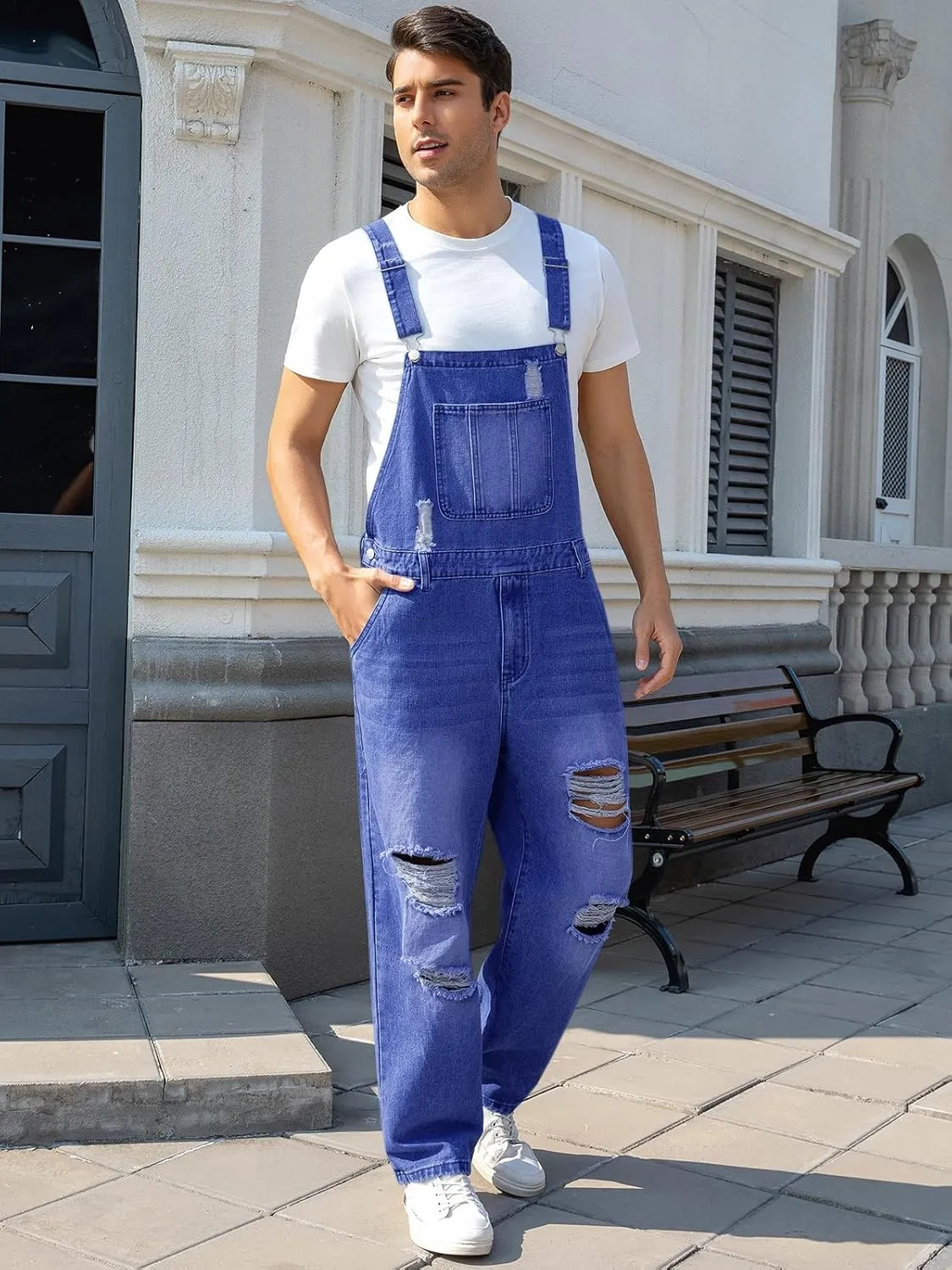 Runcati Men's Denim Bib Overall Ripped Distressed Jean Fashion Casual Adjustable Strap Loose Fit Hippie Jumpsuit