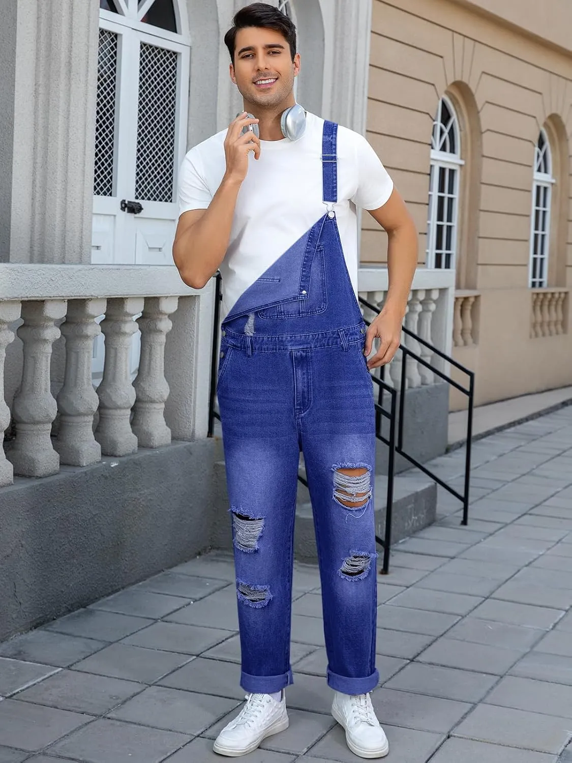 Runcati Men's Denim Bib Overall Ripped Distressed Jean Fashion Casual Adjustable Strap Loose Fit Hippie Jumpsuit