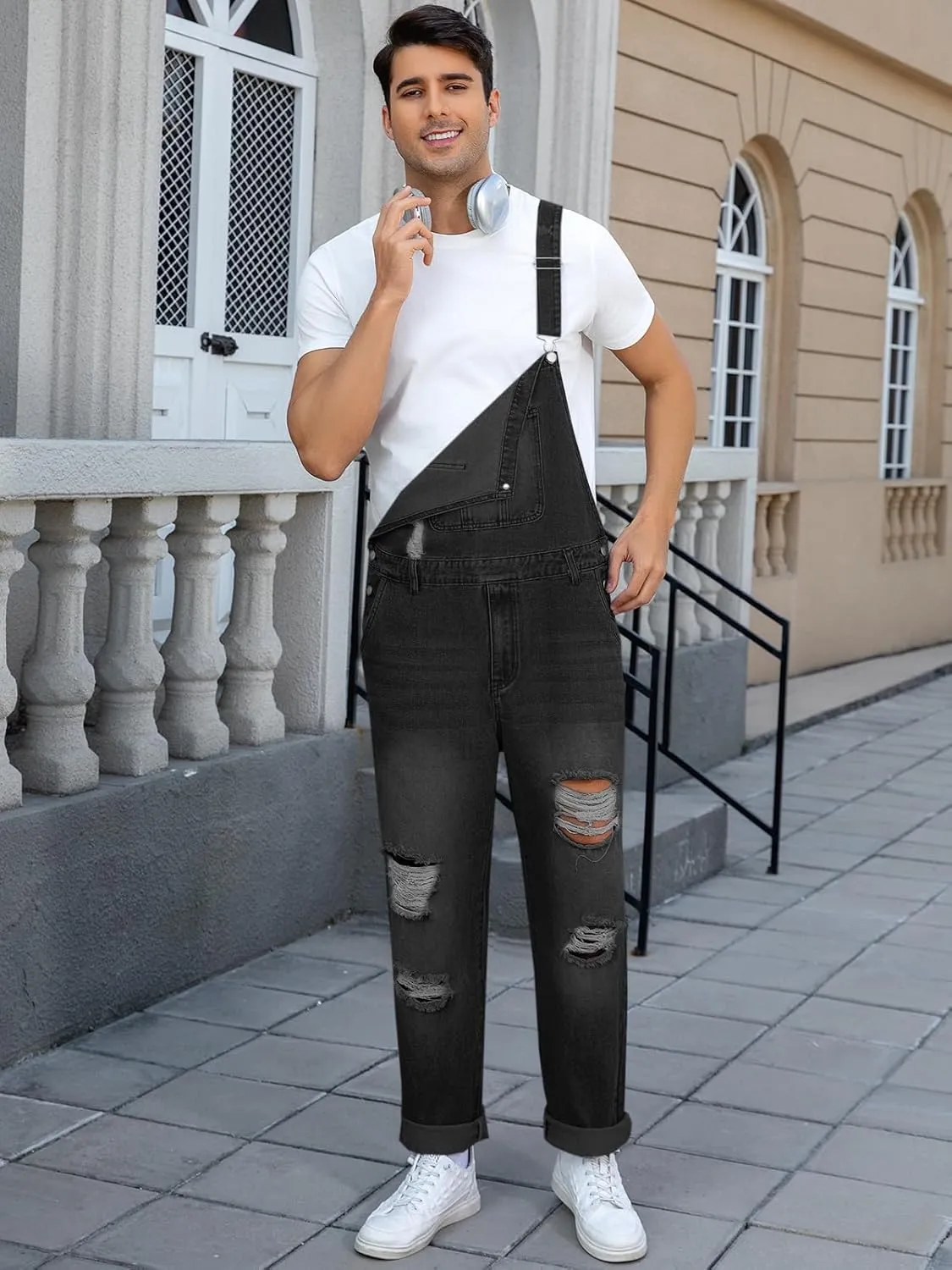 Runcati Men's Denim Bib Overall Ripped Distressed Jean Fashion Casual Adjustable Strap Loose Fit Hippie Jumpsuit