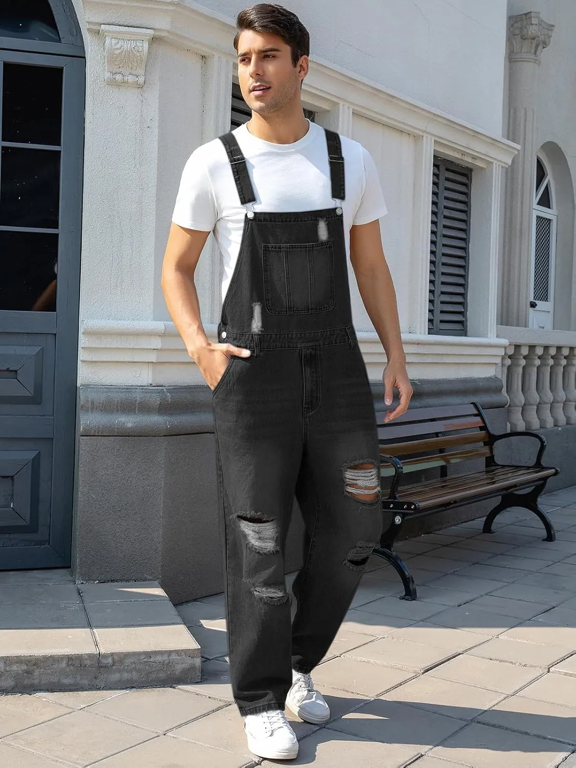 Runcati Men's Denim Bib Overall Ripped Distressed Jean Fashion Casual Adjustable Strap Loose Fit Hippie Jumpsuit