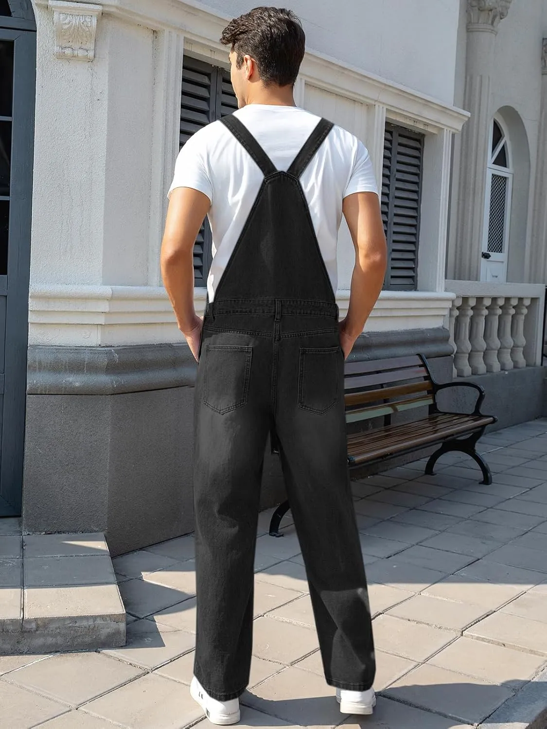 Runcati Men's Denim Bib Overall Ripped Distressed Jean Fashion Casual Adjustable Strap Loose Fit Hippie Jumpsuit