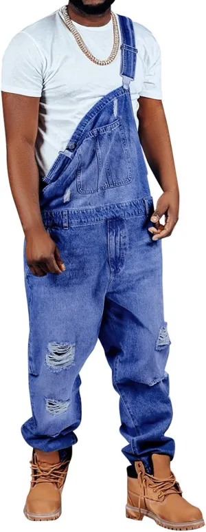 Runcati Men's Denim Bib Overall Ripped Distressed Jean Fashion Casual Adjustable Strap Loose Fit Hippie Jumpsuit