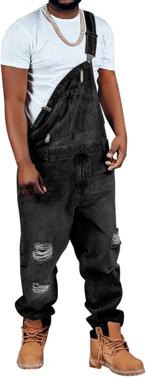 Runcati Men's Denim Bib Overall Ripped Distressed Jean Fashion Casual Adjustable Strap Loose Fit Hippie Jumpsuit
