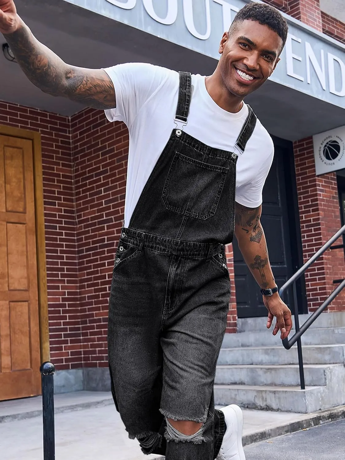 Runcati Men's Denim Bib Overall Ripped Jean Fashion Adjustable Strap Hippie Distressed Jumpsuit