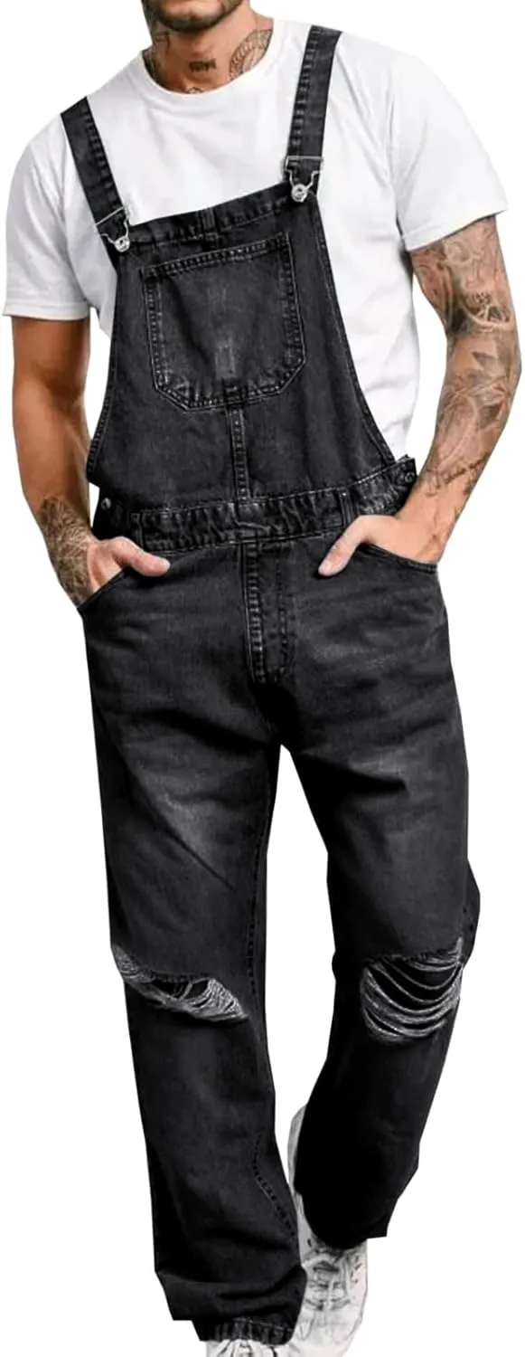 Runcati Men's Denim Bib Overall Ripped Jean Fashion Adjustable Strap Hippie Distressed Jumpsuit