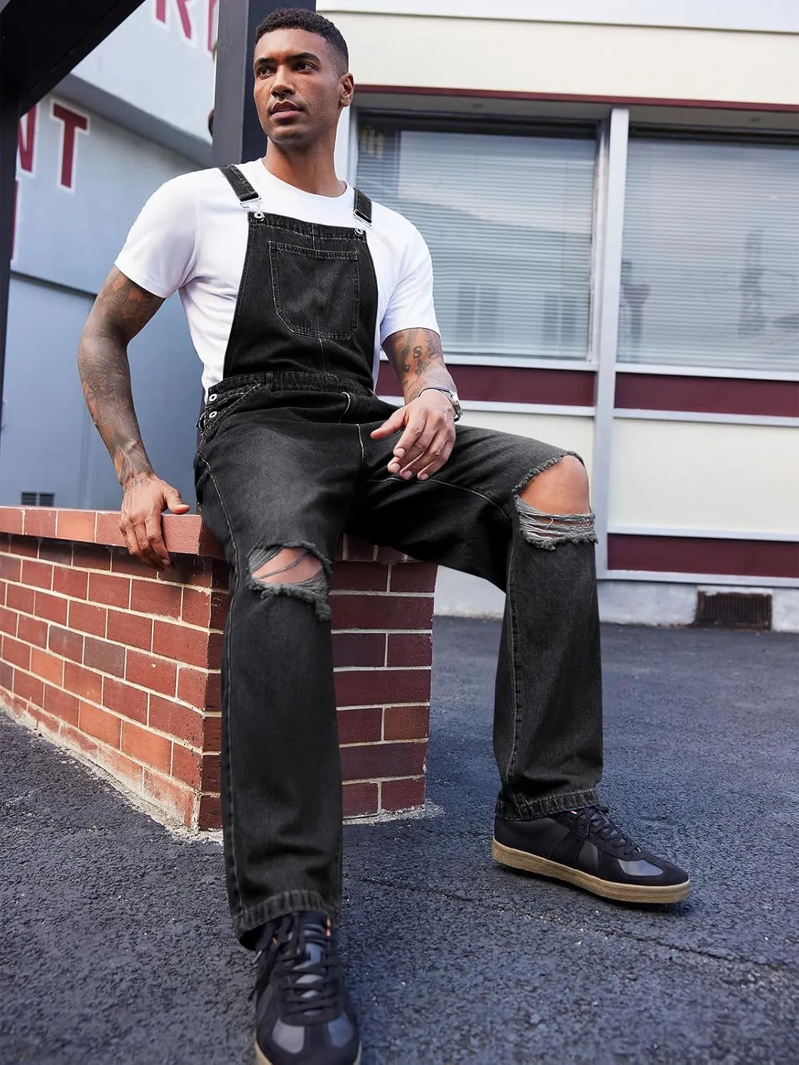 Runcati Men's Denim Bib Overall Ripped Jean Fashion Adjustable Strap Hippie Distressed Jumpsuit