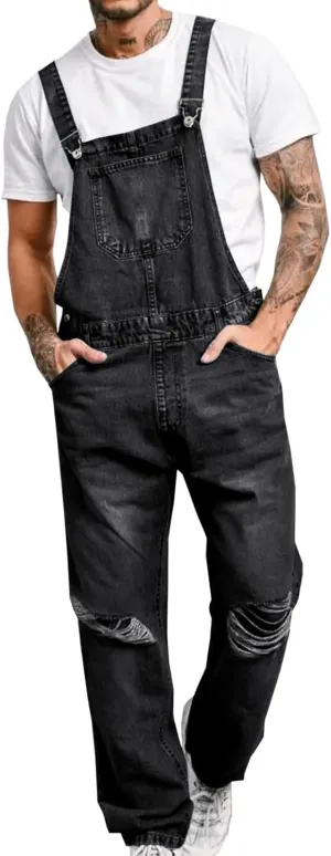 Runcati Men's Denim Bib Overall Ripped Jean Fashion Adjustable Strap Hippie Distressed Jumpsuit
