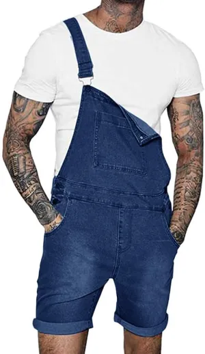 Runcati Mens Denim Shorts Bib Overall Jean Romper Casual Loose Fit Walkshort Button Pockets Summer Jumpersuit