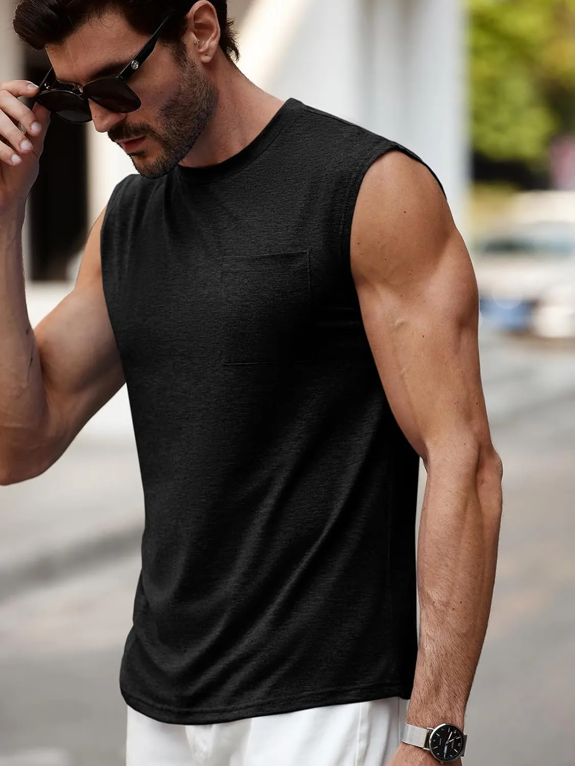 Runcati Mens Sleeveless Tank Tops Workout Cut Off Muscle Shirts Gym Casual Beach Summer Tee with Pocket