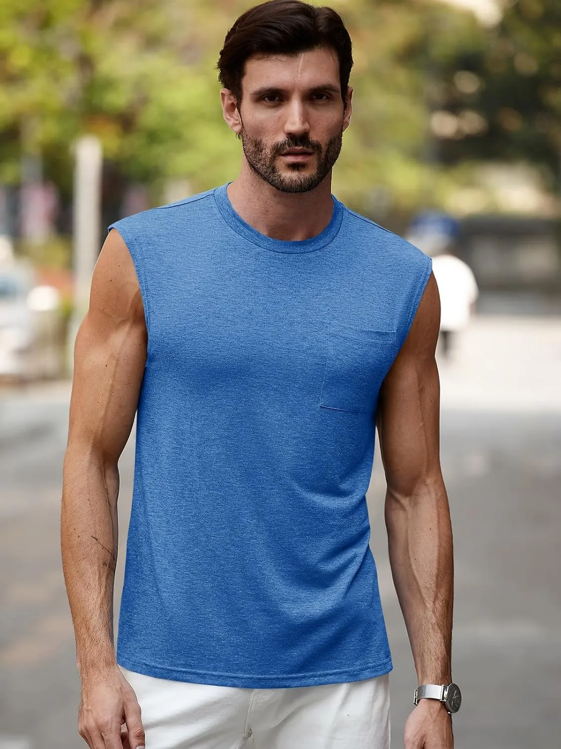 Runcati Mens Sleeveless Tank Tops Workout Cut Off Muscle Shirts Gym Casual Beach Summer Tee with Pocket