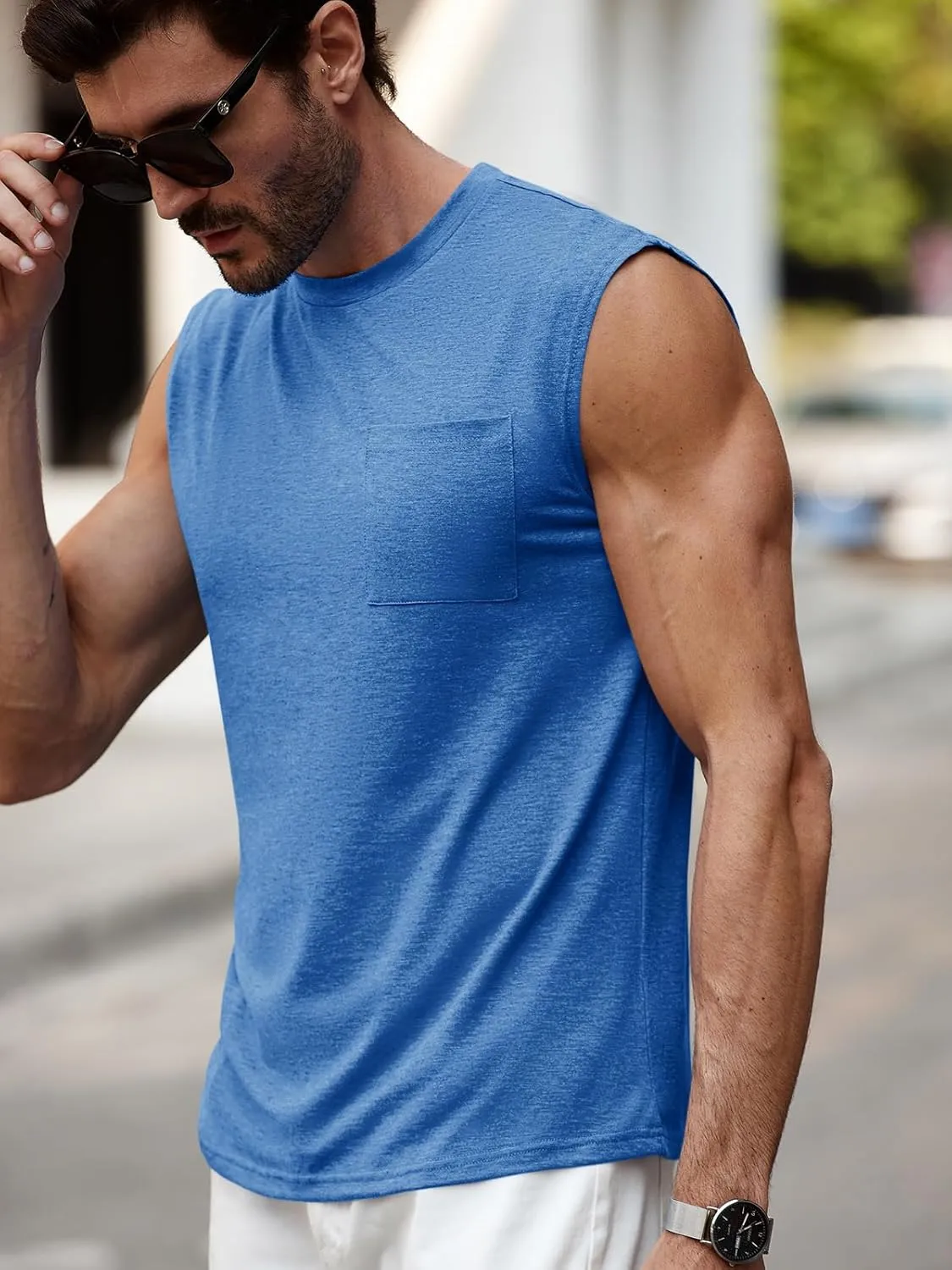 Runcati Mens Sleeveless Tank Tops Workout Cut Off Muscle Shirts Gym Casual Beach Summer Tee with Pocket