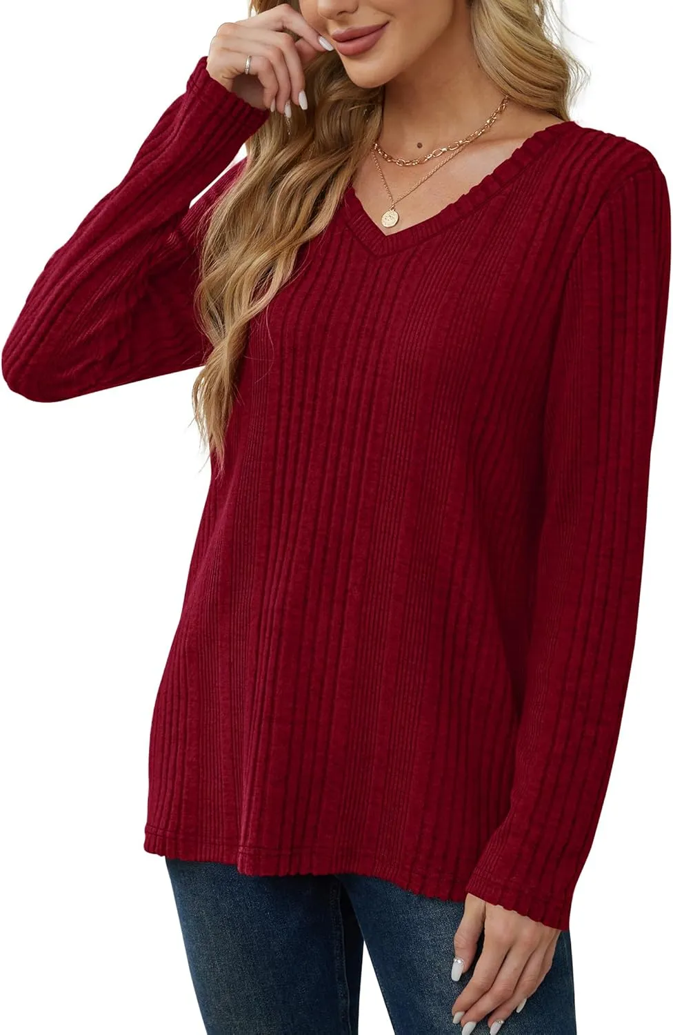 Saloogoe Womens Long Sleeve Tops V Neck Shirts Lightweight Tunic Sweaters Fashion 2024