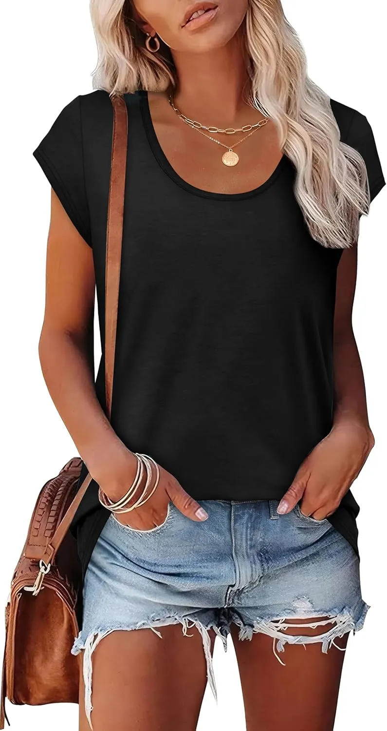 Saloogoe Womens Summer Tops 2025 Cap Sleeve U Neck T Shirts Short Sleeve Tshirts Shirts Beach Fashion Vacation Outfits