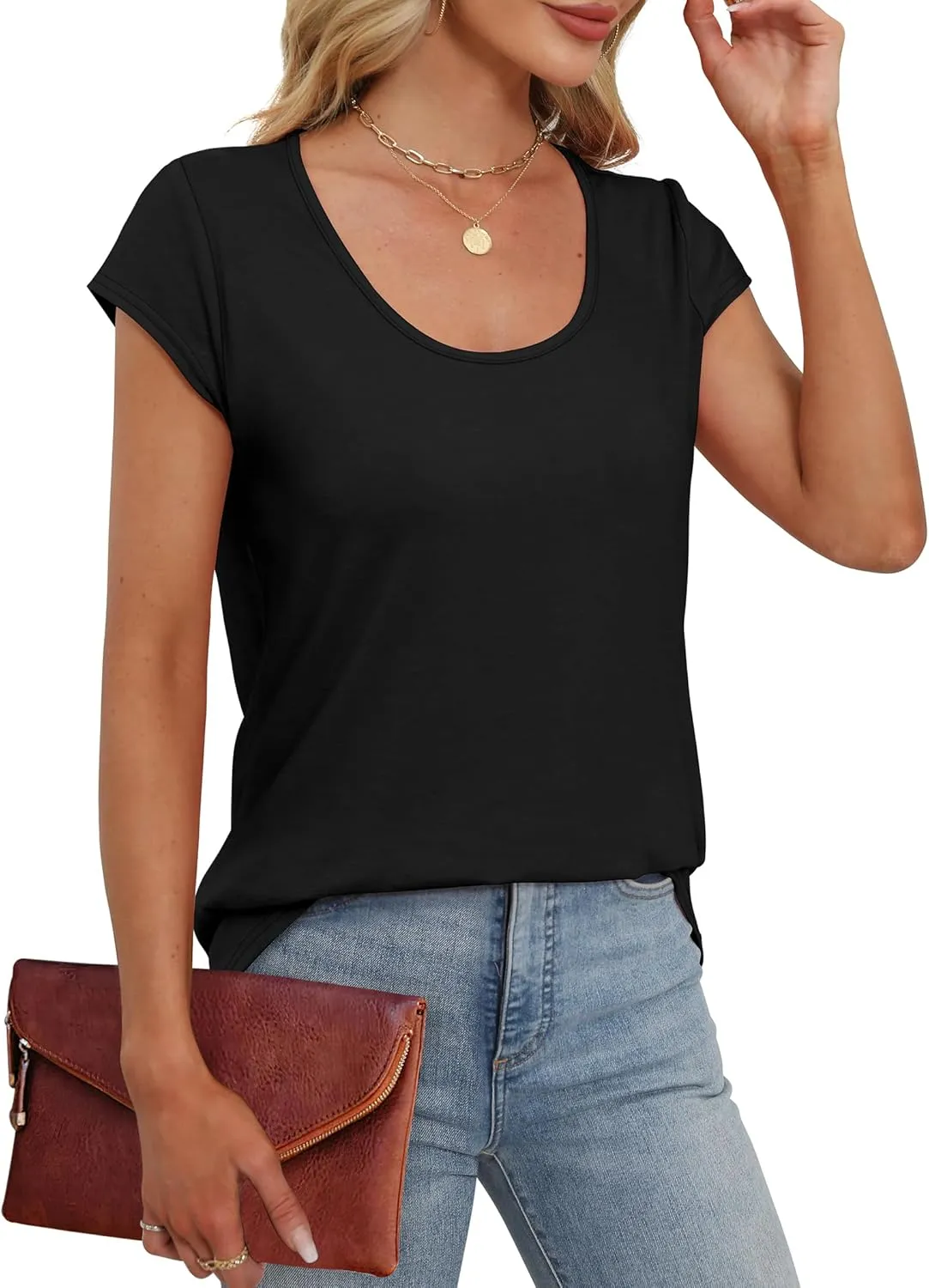 Saloogoe Womens Summer Tops 2025 Cap Sleeve U Neck T Shirts Short Sleeve Tshirts Shirts Beach Fashion Vacation Outfits