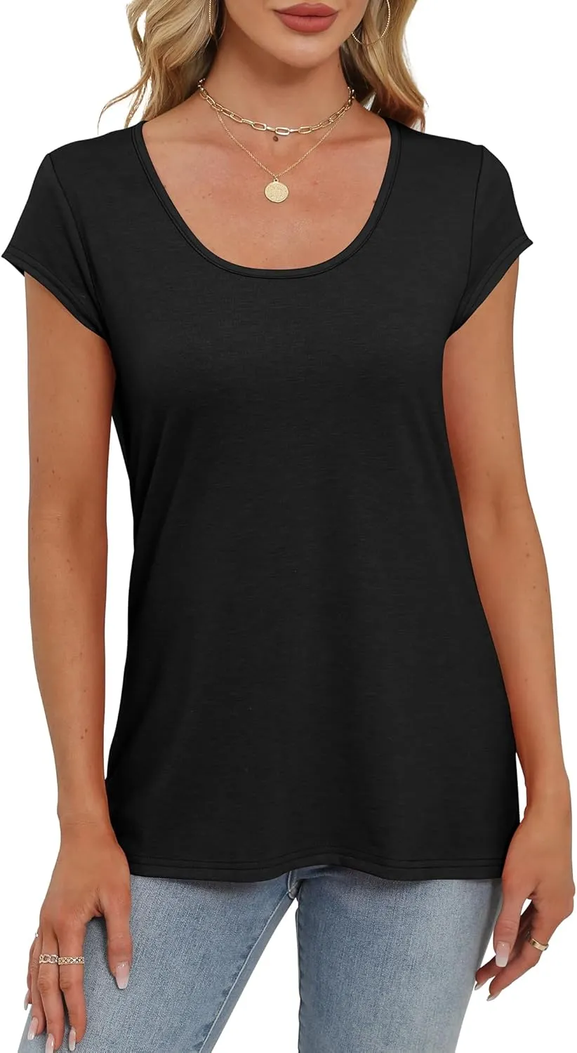 Saloogoe Womens Summer Tops 2025 Cap Sleeve U Neck T Shirts Short Sleeve Tshirts Shirts Beach Fashion Vacation Outfits
