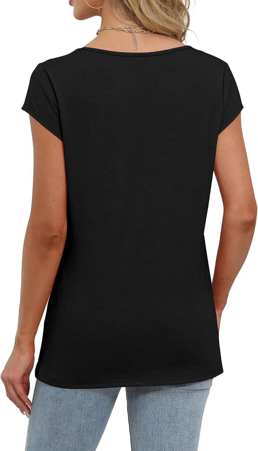 Saloogoe Womens Summer Tops 2025 Cap Sleeve U Neck T Shirts Short Sleeve Tshirts Shirts Beach Fashion Vacation Outfits