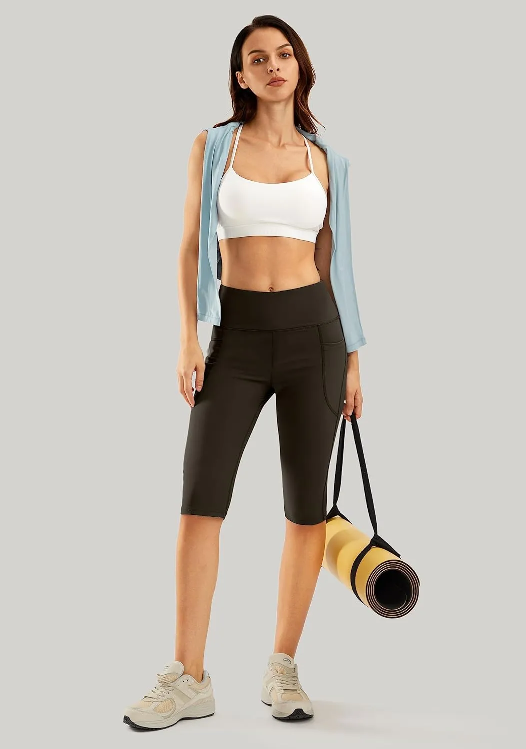 SANTINY Women's Knee Length Capri Leggings with Pockets High Waisted Workout Exercise Yoga Capris Pants for Women