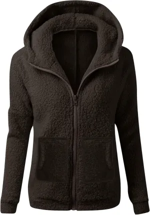 Sherpa Jacket Women Fleece Full Zip Up Hooded Teddy Coats Thermal Long Sleeve Fuzzy Hoodies with Pockets