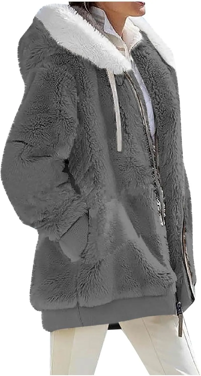 Sherpa Jacket Women Fleece Zip Up Jacket Winter 2024 Trendy Fuzzy Warm Hoodie Outerwear Coat with Pockets