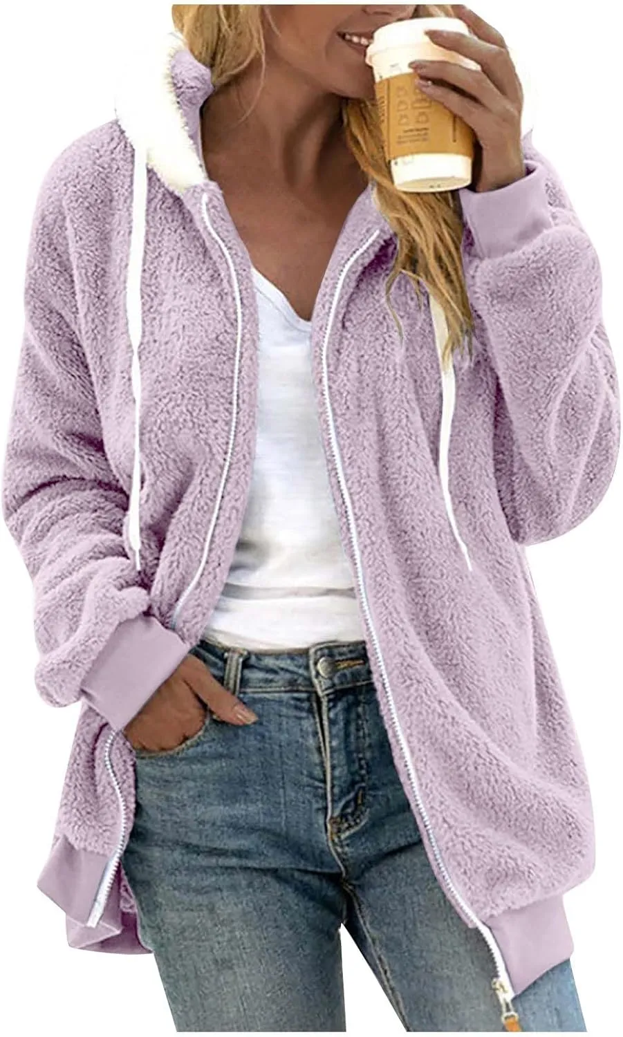 Sherpa Jacket Women Fleece Zip Up Jacket Winter 2024 Trendy Fuzzy Warm Hoodie Outerwear Coat with Pockets
