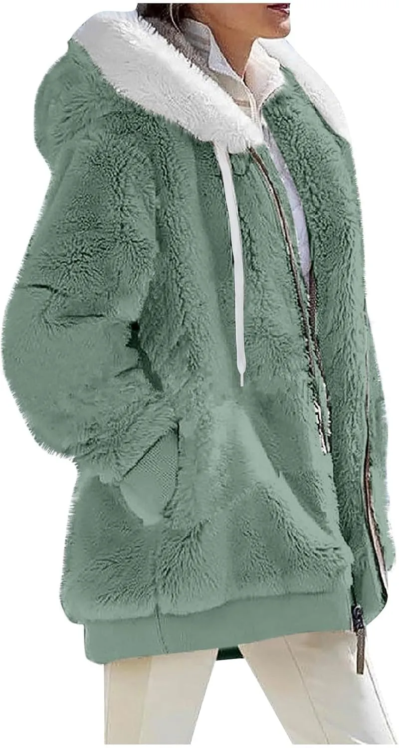 Sherpa Jacket Women Fleece Zip Up Jacket Winter 2024 Trendy Fuzzy Warm Hoodie Outerwear Coat with Pockets