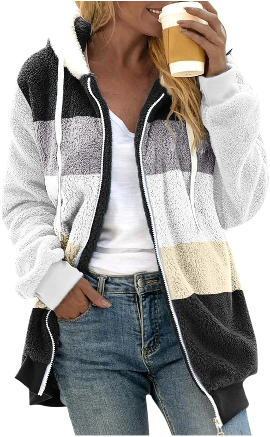 Sherpa Jacket Women Fleece Zip Up Jacket Winter 2024 Trendy Fuzzy Warm Hoodie Outerwear Coat with Pockets