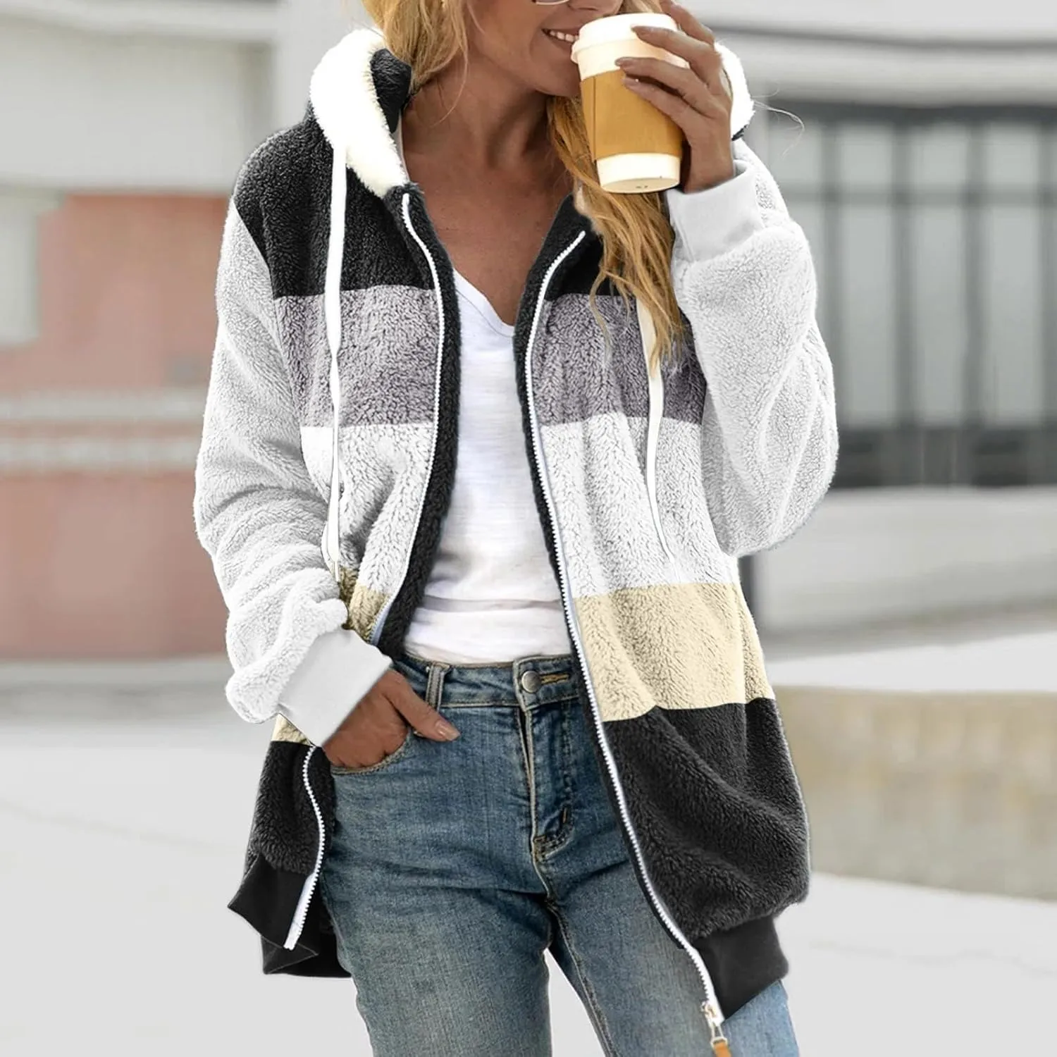 Sherpa Jacket Women Fleece Zip Up Jacket Winter 2024 Trendy Fuzzy Warm Hoodie Outerwear Coat with Pockets