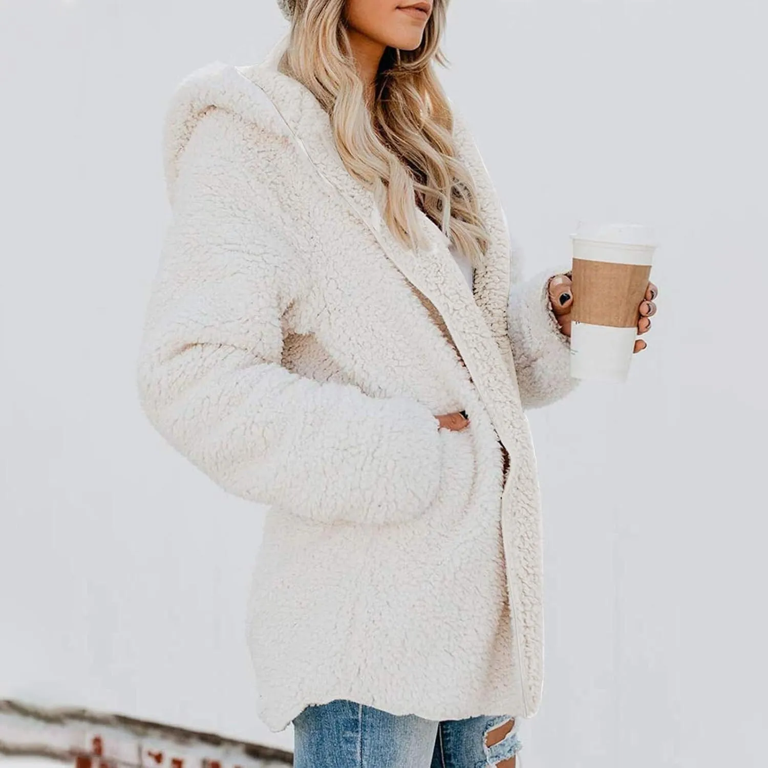 Sherpa Jacket Women Oversized Fleece Lined Jacket Faux Fur Winter Coat Zip up Fuzzy Hoodie Warm Outerwear with Pocket